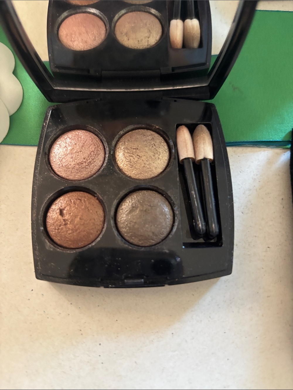 CHANEL Black Compact Case with White CC Emblem eye shadows